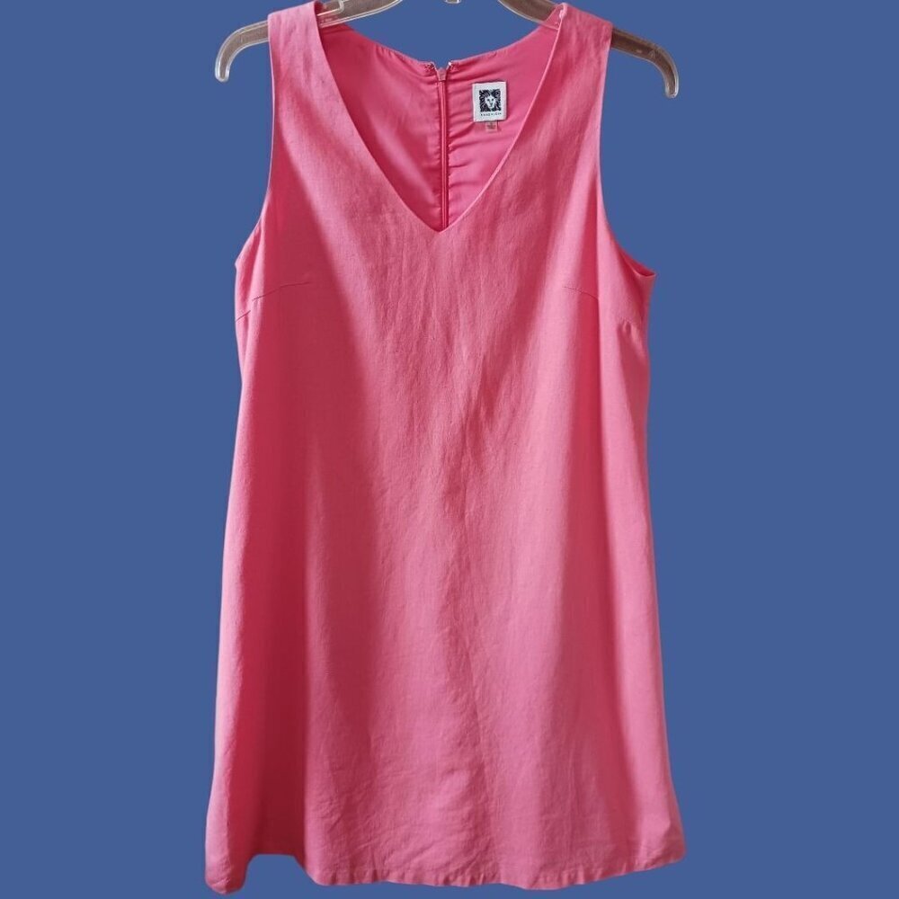 Anne Klein Sleeveless A-Line Dress V-Neck Back Zip Coral linen Size Small